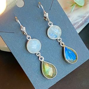 Labradorite Moonstone Earrings Leverback Sterling Silver